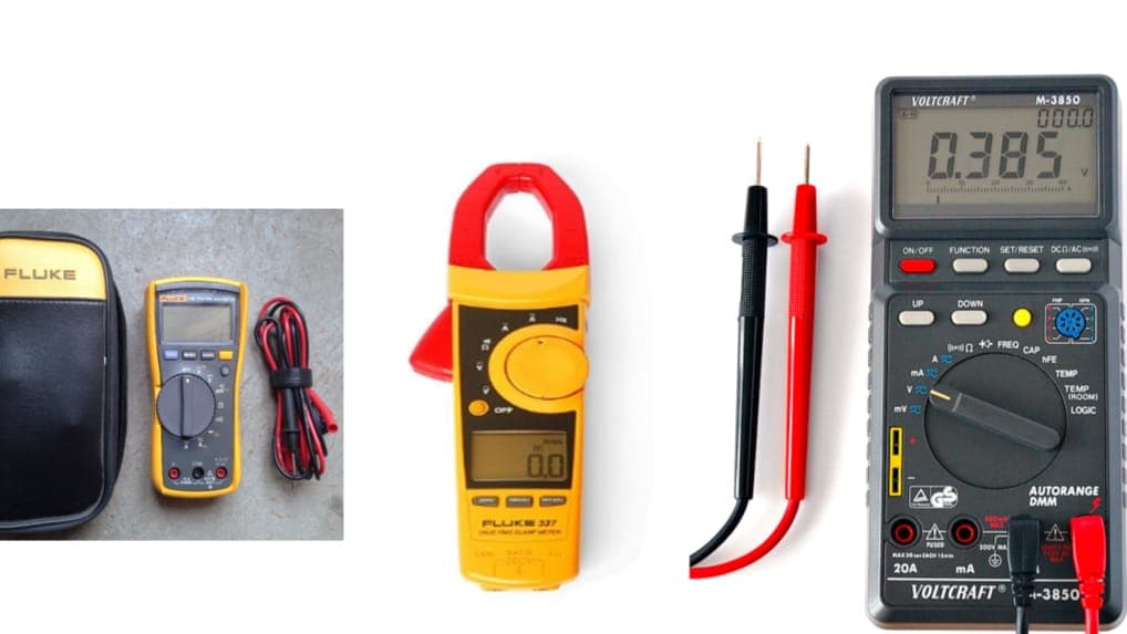 Digital multimeters and a clamp meter